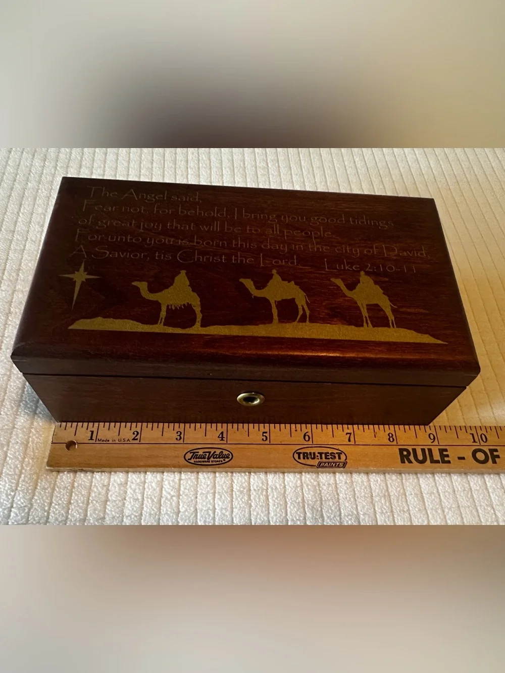 New with Key Christian Wooden Locking Keepsake Box, Nativity Luke Scripture